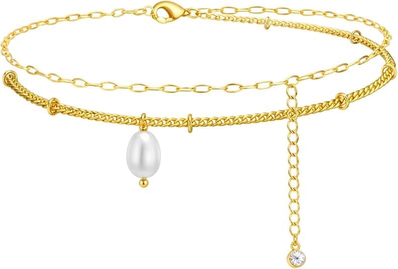 Pearl Anklet Waterproof Anklet for Women, 14K Gold Plated Double Layer Chain with Mini Pearl Beads, Adjustable Beach Foot Jewelry Gift