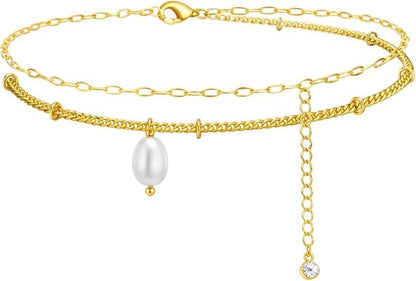 Pearl Anklet Waterproof Anklet for Women, 14K Gold Plated Double Layer Chain with Mini Pearl Beads, Adjustable Beach Foot Jewelry Gift