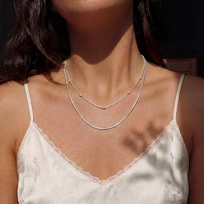 Tewiky Layered Necklaces for Women 14k Gold Plated Chain Necklace Set | Chunky Herringbone/Snake/Rope/Box/Cuban Link Chain for Women, Layering Stack Choker Necklace, Dainty Jewelry Set Non Tarnish - color: Layered Bead Silver