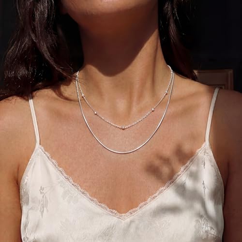 Tewiky Layered Necklaces for Women 14k Gold Plated Chain Necklace Set | Chunky Herringbone/Snake/Rope/Box/Cuban Link Chain for Women, Layering Stack Choker Necklace, Dainty Jewelry Set Non Tarnish - color: Layered Bead Silver