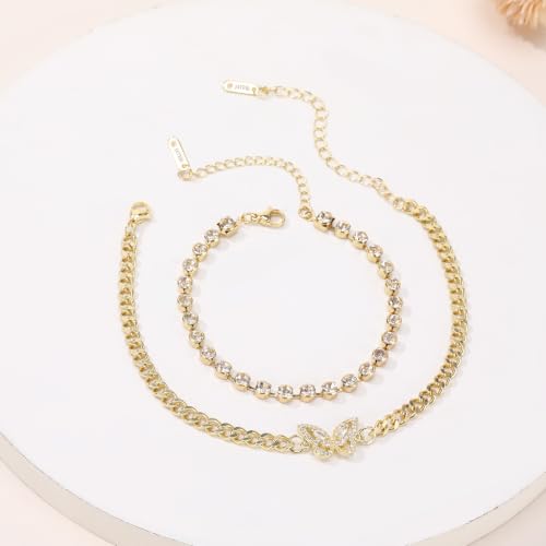 JATEBI 14K Gold Plated Layered Butterfly Zircon Anklet Set for Women | Trendy Delicate Gold Ankle Bracelets Ideal Summer Beach Foot Jewelry Nice Holiday Birthday Present For Modern‑Style