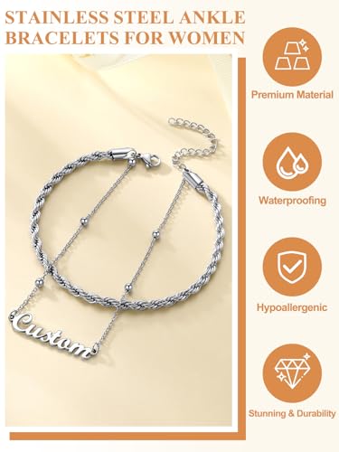 Custom4U Custom Name Anklet Bracelets for Women Waterproof Beaded/Figaro/Cuban/Rope/Wheat Chain Anklet Stackable Gold Plated Non Tarnish Custom Beach Gift Barefoot Summer Jewelry for Her - color: E02-Silver Rope Chain