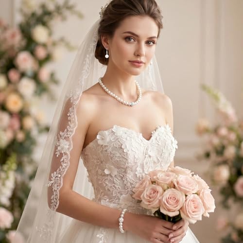 5Pcs Faux Pearl Jewelry Set for Women Adult Pearls Costume Jewelry Simulated Rhinestone Necklace Earrings Bracelet Set for Wedding Mother's Day Bridal Shower Party Accessories