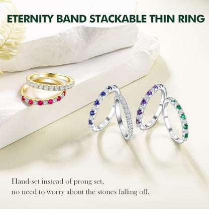 Birthstone Rings Eternity Band 925 Sterling Silver/Yellow Gold-Plated Created Gemstone Stackable Wedding Band 2.7mm Thin Half Eternity Rings for Women Size 6 to 10 - color: 04-CZ-Apr.