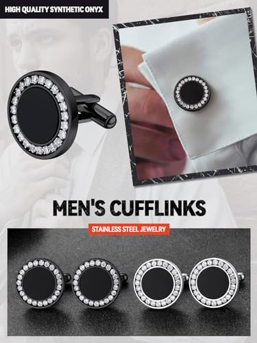 FaithHeart Mens Cufflinks, Norse Viking Tuxedo Shirt Cuff Links, Stainless Steel Cuff Links and Shirt Studs, Gift Box - style: 03. Black Onyx CZ-Black