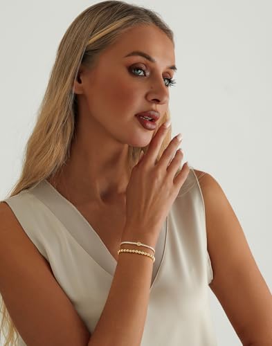 14K Gold Plated Bracelets for Women Dainty Tennis Initial Bracelet Trendy Beaded Stackable Charm Bracelets Layered Waterproof Bracelet Dainty Bracelet for Women Jewelry Gifts - style: S