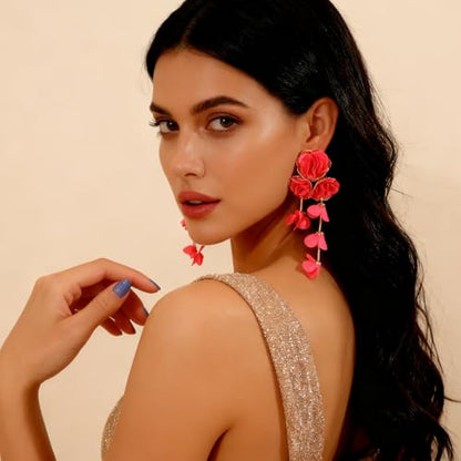Fabric Flower Earrings for Women Colorful Long Tassel Floral Drop Earrings Fashion Boho Exaggerated Statement Beach Party Jewelry - color: red