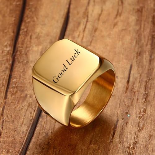 Stainless Steel Square Signet Rings for Men Women Gold/Silver Plain Pinky Thumb Ring, Gift for Dad Husband - color: Square Gold-Custom