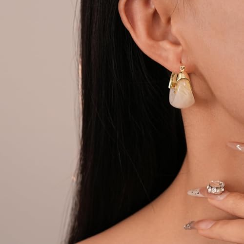 Brown Earrings for Women Chunky Gold Statement Earrings Small Gold Hoop Earring Resin Huggie Earring Square Hoop Trendy Jewelry Gifts for Women Everyday Wear - color: WHITE
