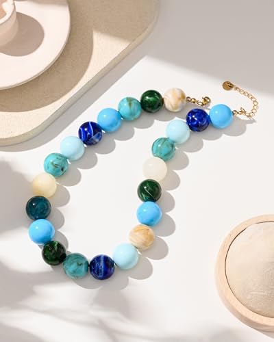 Colorful Chunky Beaded Necklaces for Women Trendy Large Bead Statement Necklace Boho Resin Bead Choker Summer Beach Jewelry Gifts Accessories - color: Blue