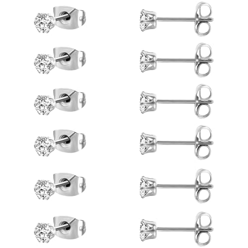 MDFUN 6 Pairs Stud Earrings Sets 3-8MM 18K Gold Plated Round 5A+ Cubic Zirconia Earrings Hypoallergenic CZ 6 Prong Ears Jewelry for Women - color: 4MM-White Gold
