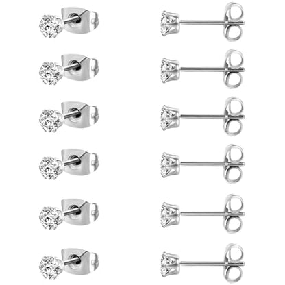 MDFUN 6 Pairs Stud Earrings Sets 3-8MM 18K Gold Plated Round 5A+ Cubic Zirconia Earrings Hypoallergenic CZ 6 Prong Ears Jewelry for Women - color: 4MM-White Gold