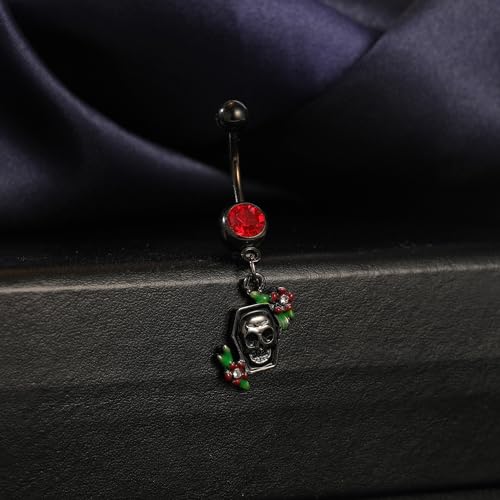 14G Surgical Stainless Steel Dangle Belly Button Rings for Women Belly Ring Dangling Piercing Jewelry CZ Snake lizard Skull Spider bat Halloween Party Punk Rock - style: Rose Skeleton