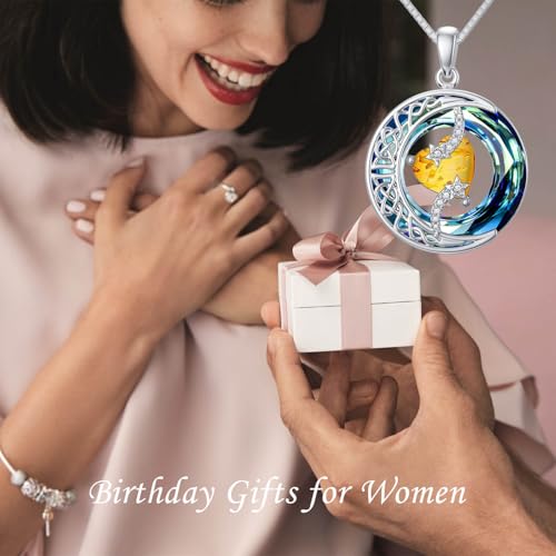 TOUPOP Birthstone Necklace Women Sterling Silver Moon Star Birthday Jewelry | Celtic Moon Pendant with Blue Crystal Anniversary Christmas Jewelry Gifts for Wife Mom Her - color: C-Amber