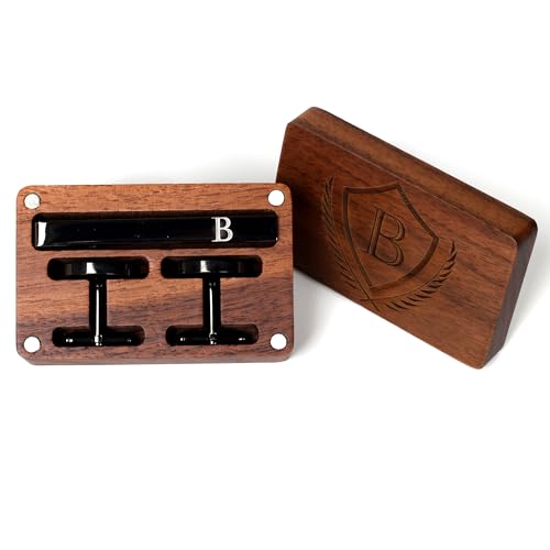 Mens Initial Cufflinks and Tie Clip A-Z Alphabet Letter Black Stainless Cuff Links Tie Bar with Engraved Walnut Wood Box Groom Groomsman Wedding Set - style: Classic-B
