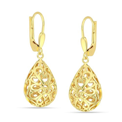 LeCalla 925 Sterling Silver Leverback Drop Earrings | Lightweight Italian Teardrop Dangle Earring for Women - color: 14K Celtic Filigree