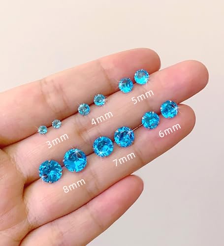 6 Pairs Stud Earrings Set, Hypoallergenic Cubic Zirconia Earrings 316L Stainless Steel CZ Earrings 3-8mm - color: A-Sea blue (Light blue) CZ