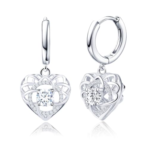Sterling Silver Dangle Hoop Earrings Charms CZ Love Knot with Heart Shap Hypoallergenic White Gold Plated Fashion Jewelry Dainty Birthday Gift