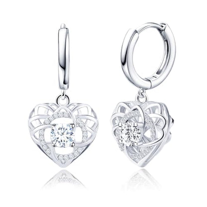 Sterling Silver Dangle Hoop Earrings Charms CZ Love Knot with Heart Shap Hypoallergenic White Gold Plated Fashion Jewelry Dainty Birthday Gift