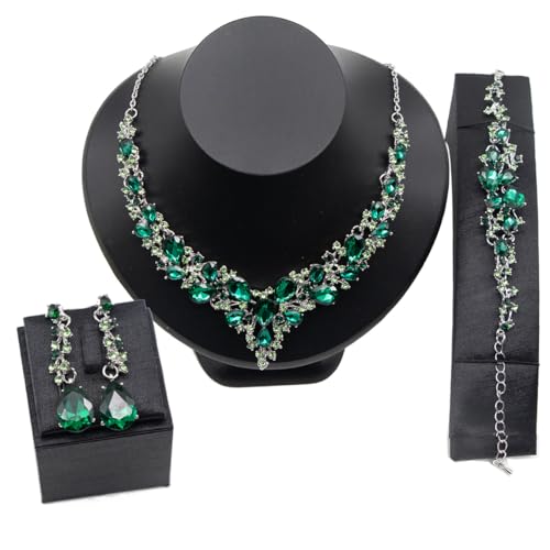 Crystal Bridal Jewelry Set, Floral Statement Necklace, Earrings, Bracelet, Wedding Accessories - color: Green
