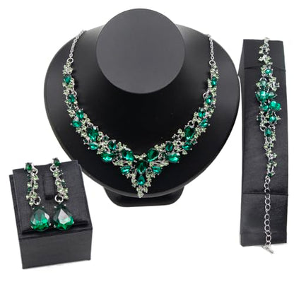 Crystal Bridal Jewelry Set, Floral Statement Necklace, Earrings, Bracelet, Wedding Accessories - color: Green