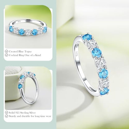3.5mm Stackable Rings S925 Sterling Silver Created Birthstone & Cubic Zirconia Ring for Women Wedding Bands Anniversary Birthday Jewelry Size 6 to 10(with Box) - color: 12-Created Blue Topaz & CZ-Dec