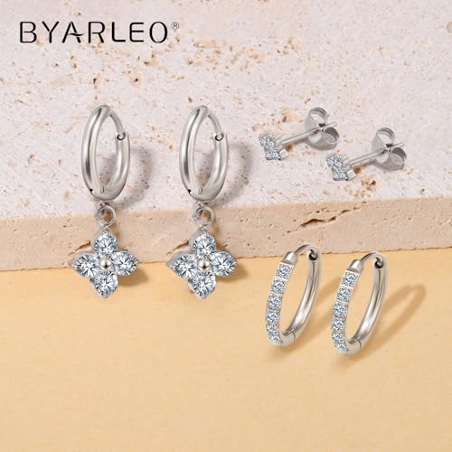Surgical Steel Small Stud Clover Drop Dangle Huggie Hoop CZ Stud Earrings - color: B-Steel-Colored