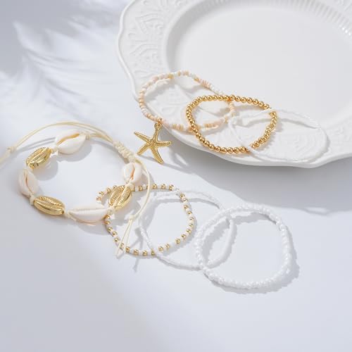 LALAPPLE Shell Bracelet Boho Beaded Stretch Bracelets for Women Seashell Strand Bracelets Starfish Charm Jewelry Summer Beach Jewelry Stackable Crystal Gold Plated Beads Bracelet for Women - style: Style4