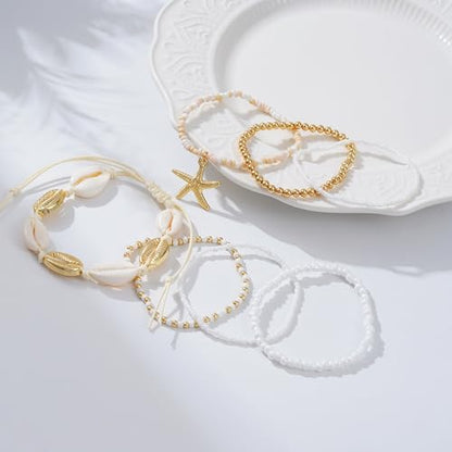 LALAPPLE Shell Bracelet Boho Beaded Stretch Bracelets for Women Seashell Strand Bracelets Starfish Charm Jewelry Summer Beach Jewelry Stackable Crystal Gold Plated Beads Bracelet for Women - style: Style4