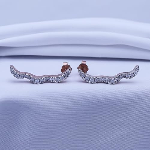 Round Cut White Cubic Zirconia Wave Shaped Ear Climbers Stud Earrings in 14K Gold Plated Sterling Silver With Push Back for her - color: rose-gold-plated-silver