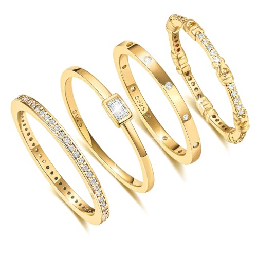 EXGOX Dainty Stackable Gold Rings - 14K Gold Plated, Non Tarnish Cubic Zirconia Stacking & Thumb Knuckle Rings (4pcs Size 7-11) - color: Shiny Star Style, size: 8