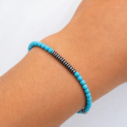 Beaded Bracelet with Natural Stone and Hematite Accents, Handmade Boho Wrist Jewelry for Women Men, Everyday Accessory - color: Blue