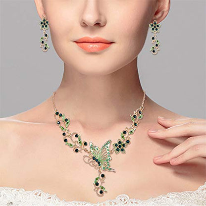 EleQueen Women's Crystal Butterfly Flower Leaf Necklace Earrings Set | Crystal Jewelry Set for Brides Bridesmaids, Necklace Set for Party - color: Green