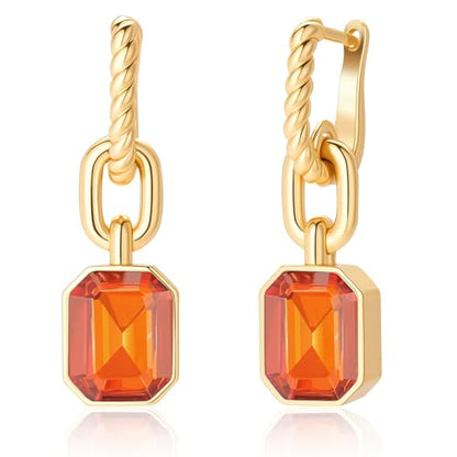 Birthstone Crystal Dangle Drop Earrings, 18K Gold Plated Huggie HoopEarring | Hypoallergenic Earring Jewelry Gifts for Women, Birthdays, anniversaries, weddings - color: Orange-1