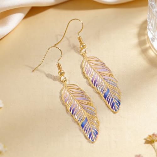 Bohemian Colorful Feather Drop Earrings for Women,Fashion Gradient Leaf Danging Earring Lightweight Hook Shaped Statement Jewelry - color: color A