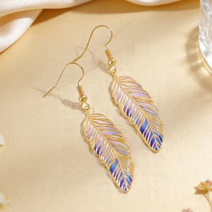 Bohemian Colorful Feather Drop Earrings for Women,Fashion Gradient Leaf Danging Earring Lightweight Hook Shaped Statement Jewelry - color: color A