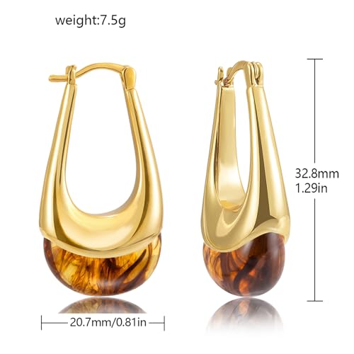 LAXPICOL Gold Chunky Dangle Earrings For Women Resin Stone Earrings Hoop Earrings, 18k Plated Oval Resin Stone Statement Earrings for Women Unique Dangling Teardrop Baroque Huggies Hoop Earrings - color: Brown-Teardrop 1