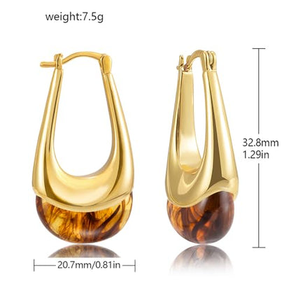 LAXPICOL Gold Chunky Dangle Earrings For Women Resin Stone Earrings Hoop Earrings, 18k Plated Oval Resin Stone Statement Earrings for Women Unique Dangling Teardrop Baroque Huggies Hoop Earrings - color: Brown-Teardrop 1