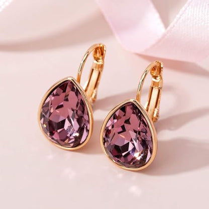 Austrian Crystal Teardrop Leverback Drop Earrings for Women | 14K Gold-Plated Finish, Sparkling Pear Stone, Smooth Bezel Frame, Secure Leverback Closure, Dainty Day-To-Evening Style - color: Amethyst