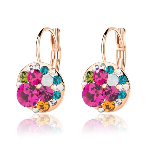 Multicolored Austrian Crystal Leverback Earrings for Women 14K Gold Plated Dangle Hoop Earrings Hypoallergenic Jewelry - color: Rose Main Crystal/Rose Gold-tone