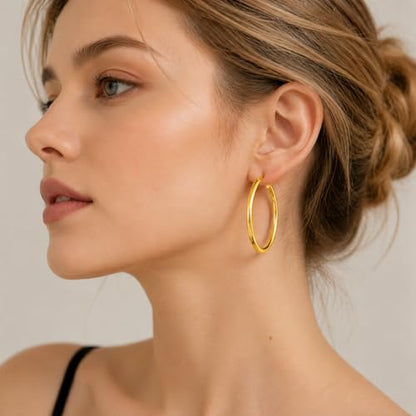 14K Gold Hoop Earrings for Women, Classic Minimalist Medium & Large Gold Hoops, Lightweight Round Hoop Earrings, Available in 35/45/55mm - size: 45MM