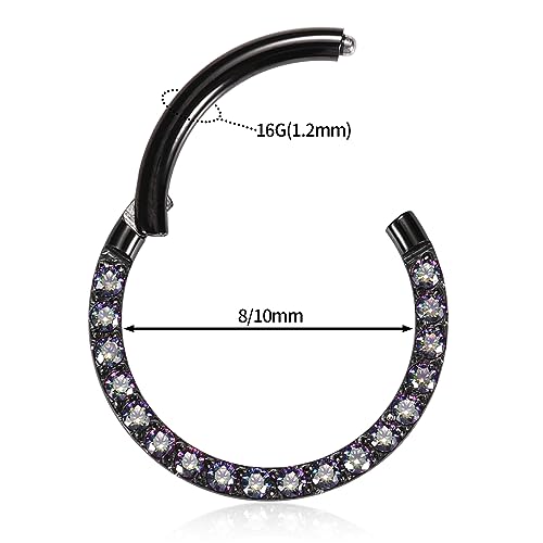 GAGABODY Septum Ring 16 Gauge Earrings Daith Jewelry Surgical Steel Hinged Nose Rings Nose Hoop Cartlidge Earring Hoop Helix Rook Piercing Jewelry - color: 1pc Black-Vitrail Medium CZ