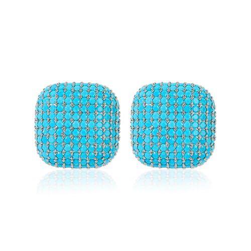 18K Gold Plated Chunky Square & Round Cubic Zirconia Stud Earrings for Women, Hypoallergenic 925 Silver Post Simulated Diamond Wedding Prom Party Bridesmaid Daily Fine Jewelry Gift for Mom Wife Friend - color: EA355-Square-Silver Turquoise