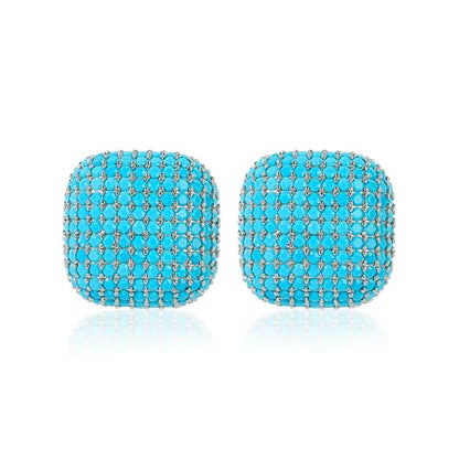 18K Gold Plated Chunky Square & Round Cubic Zirconia Stud Earrings for Women, Hypoallergenic 925 Silver Post Simulated Diamond Wedding Prom Party Bridesmaid Daily Fine Jewelry Gift for Mom Wife Friend - color: EA355-Square-Silver Turquoise