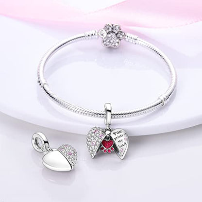 MULA 925 Sterling Silver Charms for Bracelets and Necklace Family Pendants | Airplane Travel Dangle Beads Family Tree Jewelry Charms for Women - color: Paw Prints on My Heart