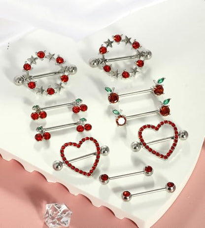 Suotarn 14G INNINipple Rings for Women 316L Stainless Steel Heart Cherry,Star Butterfly Nipple Barbell CZ Cute Nipple Rings Set Nipplerings Piercing Jewelry - color: red