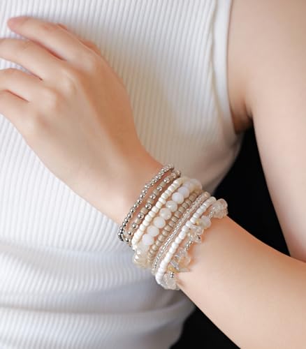 Noessla Boho Beaded Bracelets for Women Stackable Irregular Natural Stone Bead Stretch Bracelet Set 8PCS Costume Jewelry Gifts for Her - color: Beige