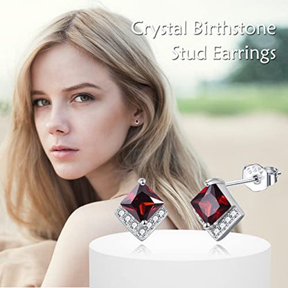 Birthstone Stud Earrings Sterling Silver Square Created Crystal Earrings Cubic Zirconia Hypoallergenic Piercing Jewelry Small Gifts for Women Mothers - color: Jan-Granet