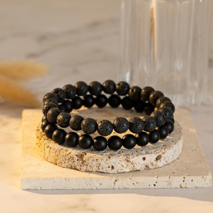 Mens Bead Bracelet Set - Adjustable Elastic Rope With 6&8MM Natural Stone Multi-Colored Beads - Tiger Eye Bracelets for Men - Gift - style: 2,Black,Lave beads
