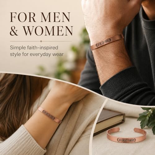 Pure Copper Bracelet for Men & Women, JESUS Engraved Adjustable Open Bangle, Uncoated Hammered Christian Jewelry Gift